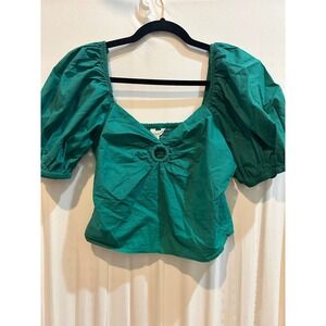 Sim & Sam Women's Green Puff Sleeve Smocked Square Neck Crop Top - Size L